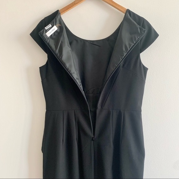 CALVIN KLEIN Simple Cap Sleeve Peplum Skirt Jewel Neck Black Midi Dress Stretch - Picture 12 of 15